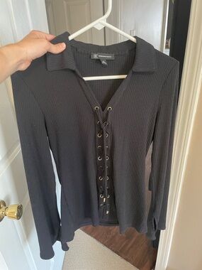 INC International Concepts Black Ribbed Lace-Up Collared Long Sleeve Top